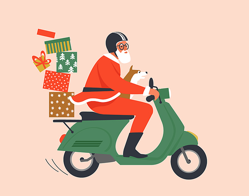 Santa Claus driving scooter delivering gifts merry christmas happy new year holidays celebration concept winter cityscape background horizontal vector illustration