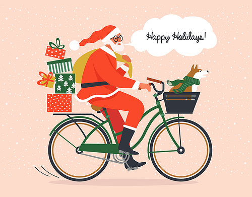 Merry Christmas, The New Year, Happy Holidays concept. Scandinavian young man or Santa Claus and dog ride a bicycle in red hat and carries gifts. Isolated vector illustration in cartoon design.