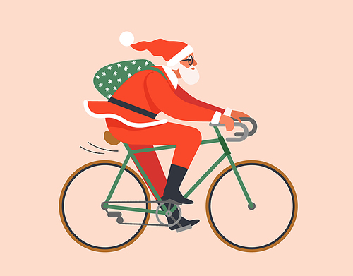 Merry Christmas, The New Year, Happy Holidays concept. The young man or Santa Claus rides a bicycle in red hat and carries gifts. Isolated vector illustration in cartoon design.