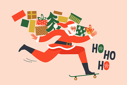 MERRY CHRISTMAS, THE NEW YEAR, HAPPY HOLIDAYS CONCEPT. THE YOUNG MAN OR SANTA CLAUS RIDES A BICYCLE IN RED HAT AND CARRIES GIFTS. ISOLATED VECTOR ILLUSTRATION IN CARTOON DESIGN.