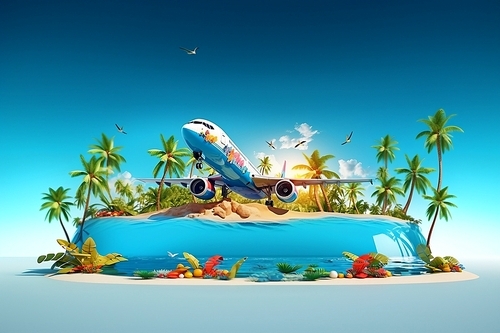 야자수가 자란 열대 섬 위를 날아가는 여객기 비행기. 여름 휴가 컨셉