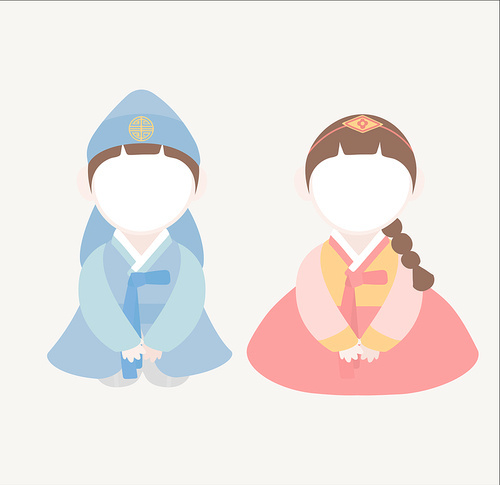 대한민국 전통의상 한복을 입고 명절 인사하는 캐릭터 얼굴합성 이미지