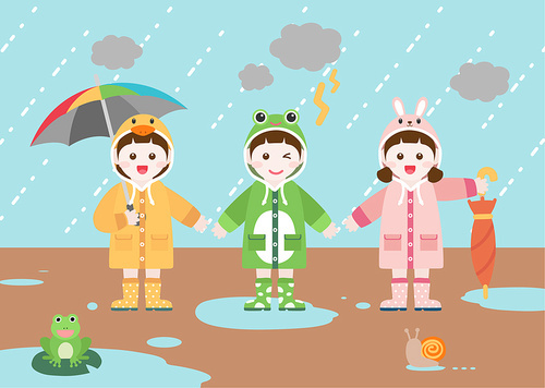 비오는 날 동물 캐릭터 우비를 입은 어린이들
