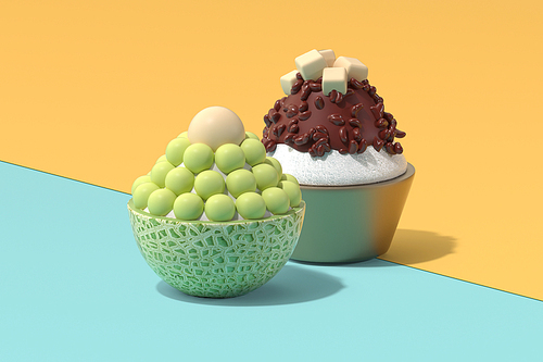 3D 일러스트 오브젝트 여름 음식 디저트 팥빙수 메론빙수