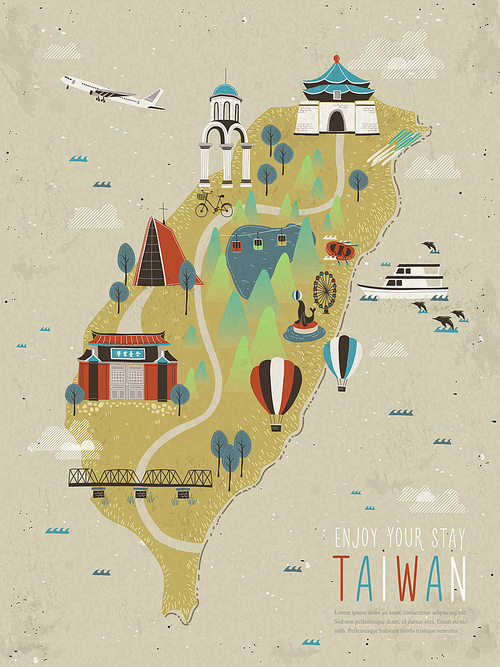 adorable Taiwan attractions map in flat style - words on the red building means the first school in Taiwan