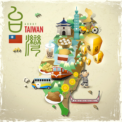 lovely Taiwan landmarks and snacks map in flat style - the word on sky lanterns means blessing in Chinese