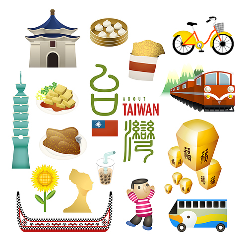 lovely Taiwan landmarks and snacks map in flat style - the word on sky lanterns means blessing in Chinese