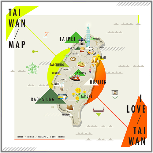 adorable Taiwan travel map with landmarks and famous snacks on it