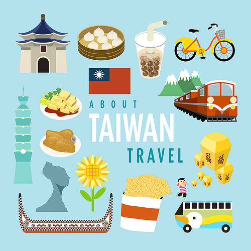 lovely Taiwan specialties and attractions in flat design - the word on sky lanterns means blessing in Chinese