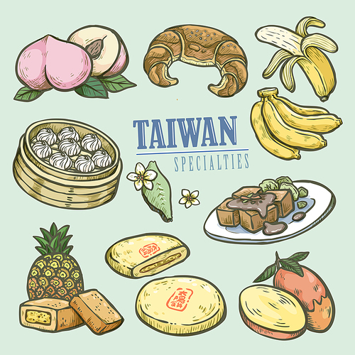 exquisite Taiwan specialties collection in hand drawn style - the word on the sun cake is its chinese name