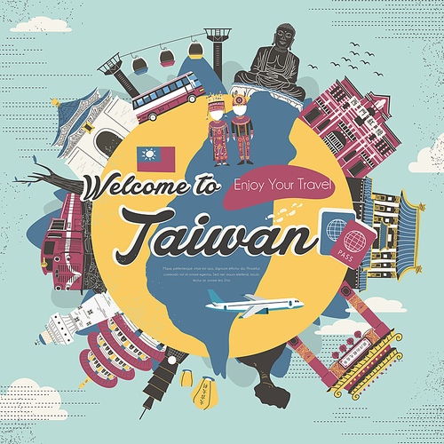 Taiwan attractions collection in flat design style - the chinese words on sky lantern means good fortune and the words on the building is Ximen Red House and Raohe Street Night Market in chinese