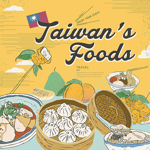 delicious Taiwan snacks collection in flat design style