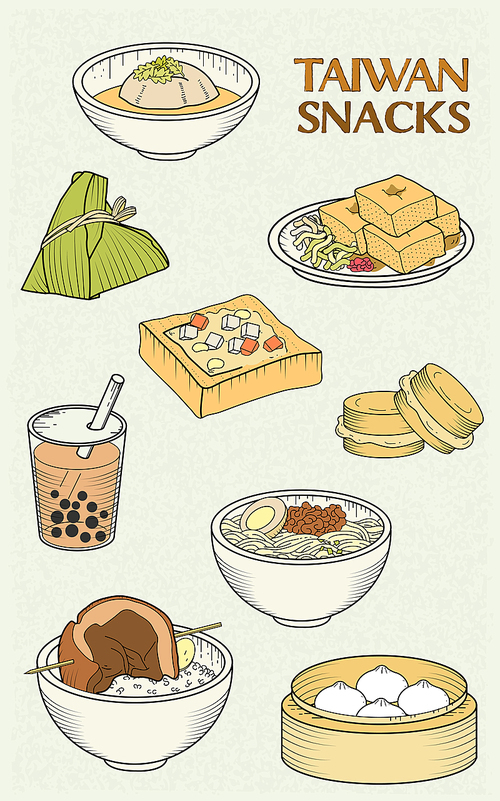 delicious Taiwan snacks collection in flat design style