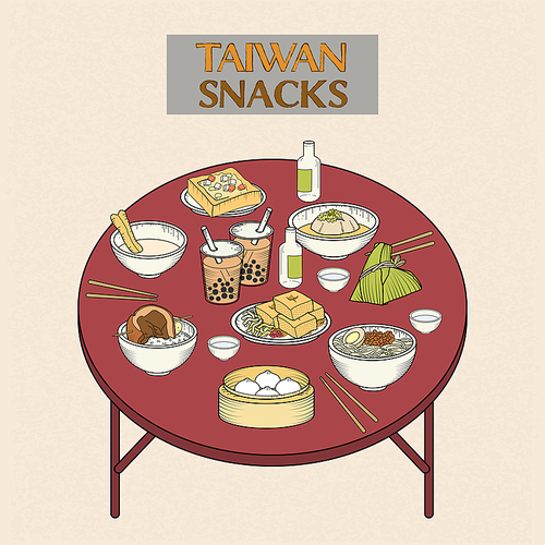 delicious Taiwan snacks collection in hand drawn style