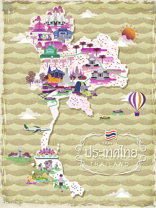 attractive Thailand travel map - title word is Thailand country name in Thai