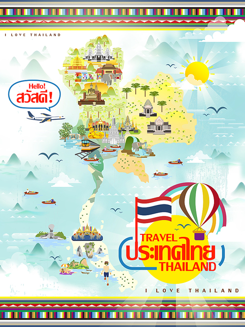 attractive Thailand travel map in flat style - Thailand and hello words in Thai