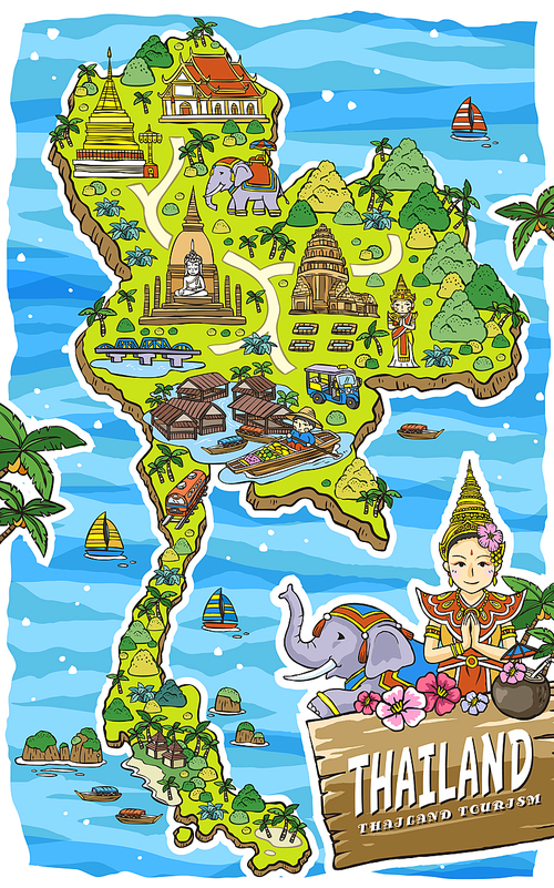 adorable Thailand travel concept map in hand drawn style