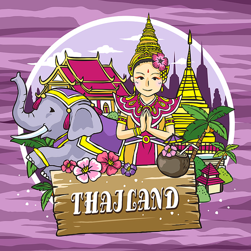 adorable Thailand travel concept poster in hand drawn style