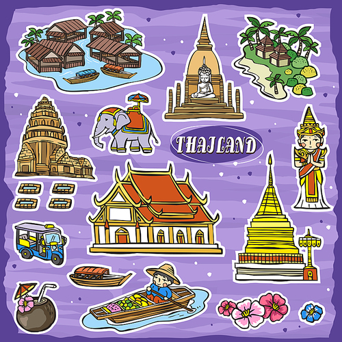 adorable Thailand travel concept collection set in hand drawn style