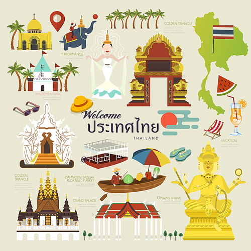 exquisite Thailand travel concept collection set in flat style - Thailand country name in Thai