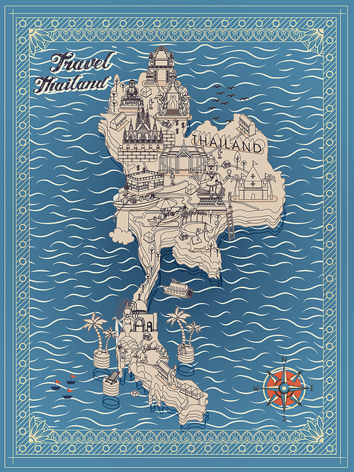retro Thailand travel concept map in thin line style