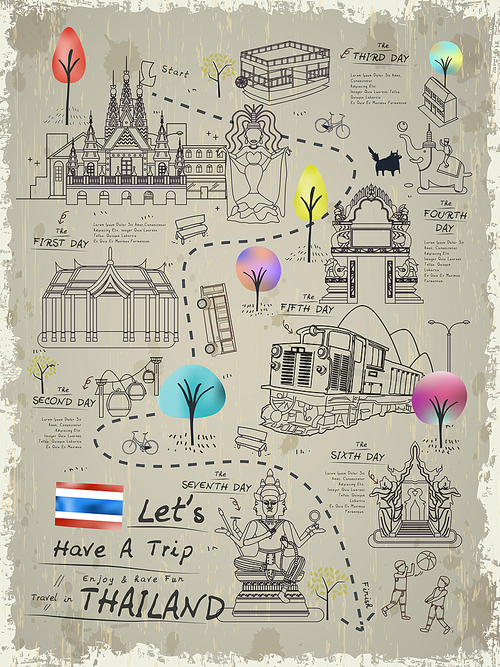 attractive Thailand walking map poster in line style