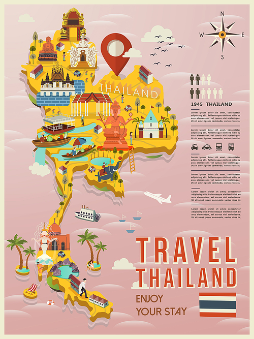 attractive Thailand travel concept map in flat style