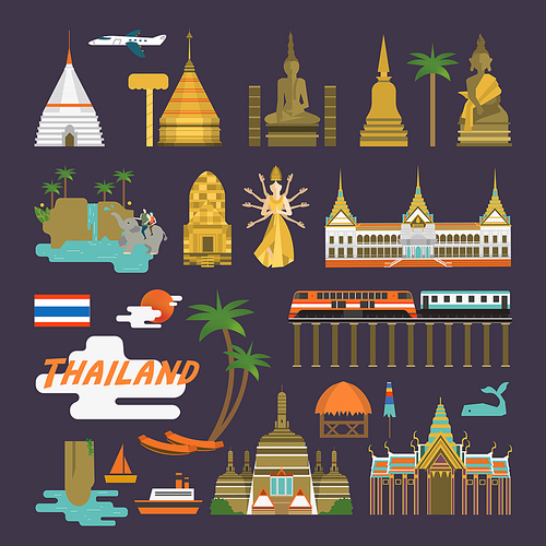 simplicity Thailand travel concept collection set in flat style
