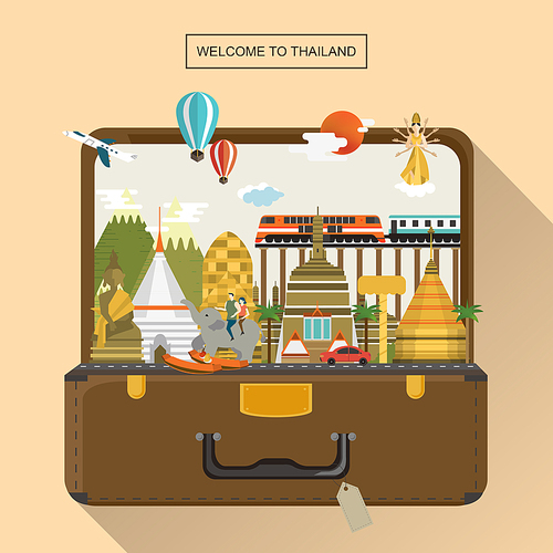 adorable Thailand travel poster with attractions in luggage