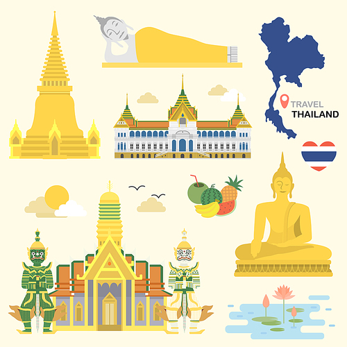 adorable Thailand travel concept collection set in flat style