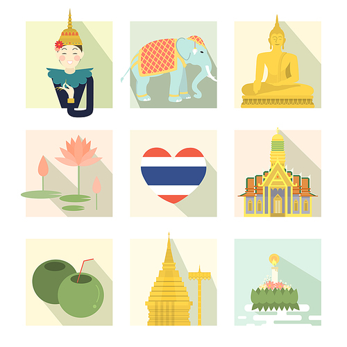 adorable Thailand travel concept collection set in flat style