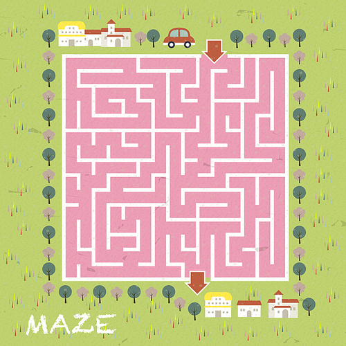 adorable square labyrinth with country scene isolated on grass