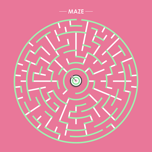 modern circular maze with dartboard element over pink background