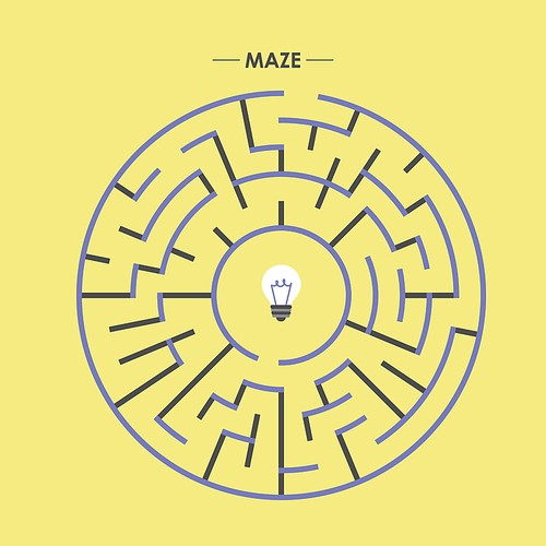 creative circular maze with bulb element over yellow background