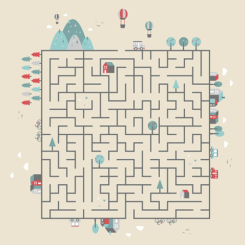 square labyrinth with adorable country scene isolated on beige background