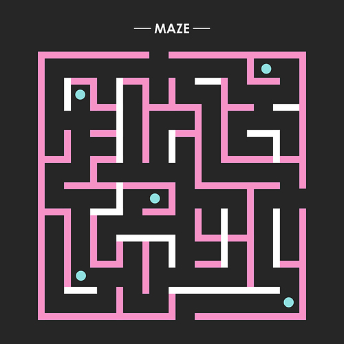 trendy pink square labyrinth isolated on black background