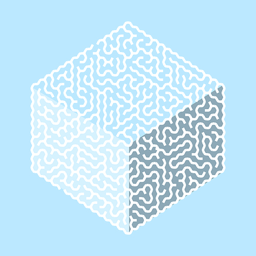 creative hexagon labyrinth in cube shape isolated on blue 