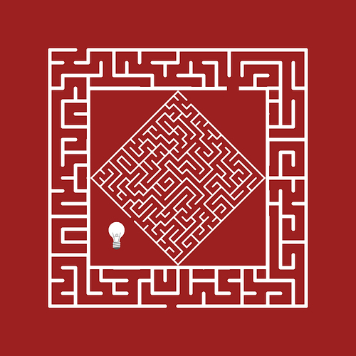 innovative white maze isolated on red 