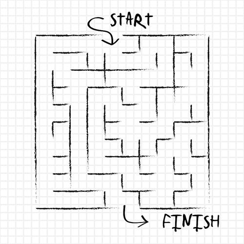 innovative maze drawn by pencil isolated on grid note paper