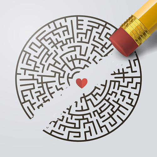 creative incomplete circular maze with a pencil over grey background