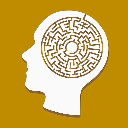 silhouette of heads with a labyrinth inside over brown background