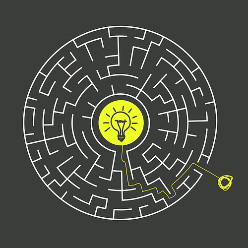 lovely circular maze with lighting bulb isolated on dark background