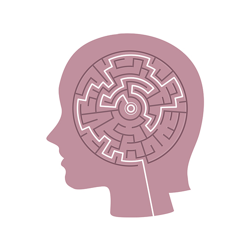 silhouette of heads with a labyrinth inside over white background
