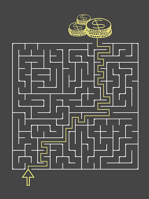 simple square maze with money icon isolated on dark background