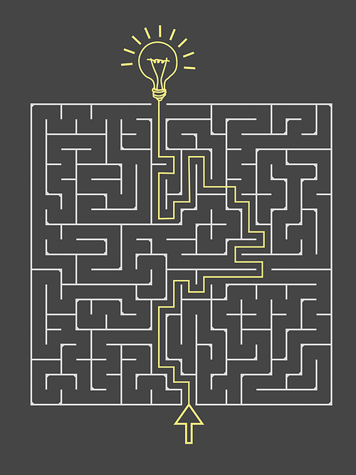 lovely square maze with lighting bulb isolated on dark background