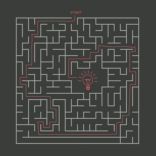 creative square maze with lighting bulb isolated on dark background