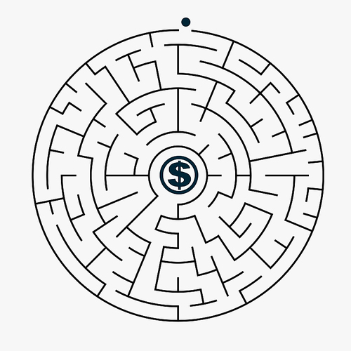 simple round maze with money icon isolated on grey background