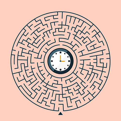 creative round maze with clock icon isolated on pink background