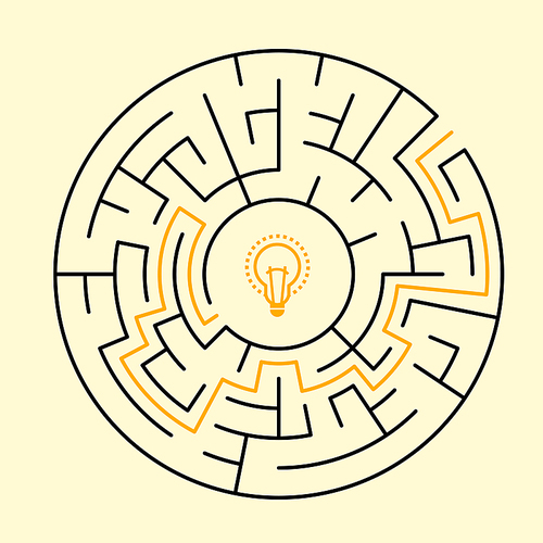creative round maze with bulb icon isolated on beige background