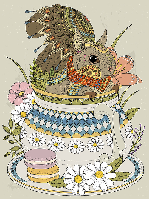adult coloring page - adorable squirrel in a teapot